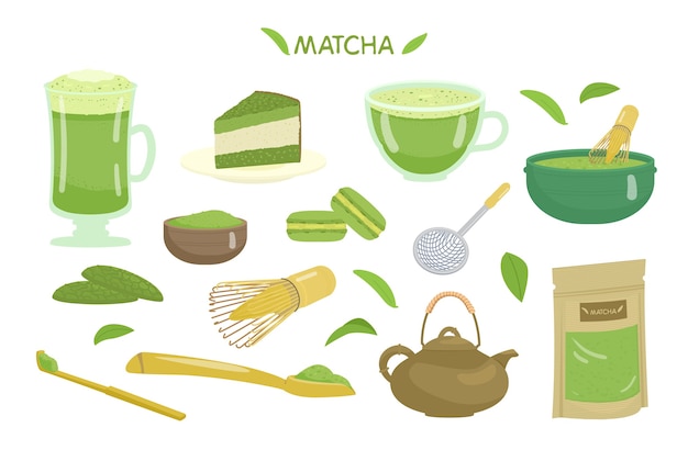 Matcha Tea And Desserts Vector Set.