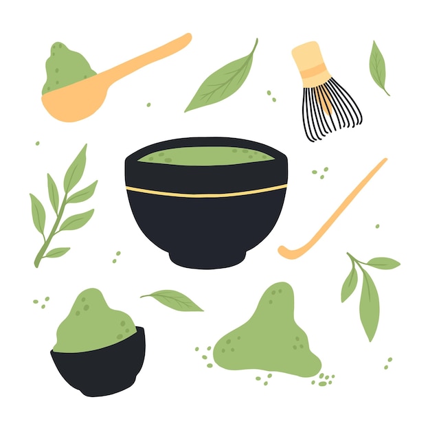 Vettore tè matcha tazza con matcha e foglie di tè verde illustrazione vettoriale tè verde naturale