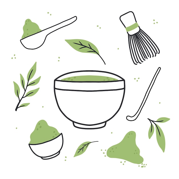 Vettore tè matcha tazza con matcha e foglie di tè verde illustrazione vettoriale tè verde naturale