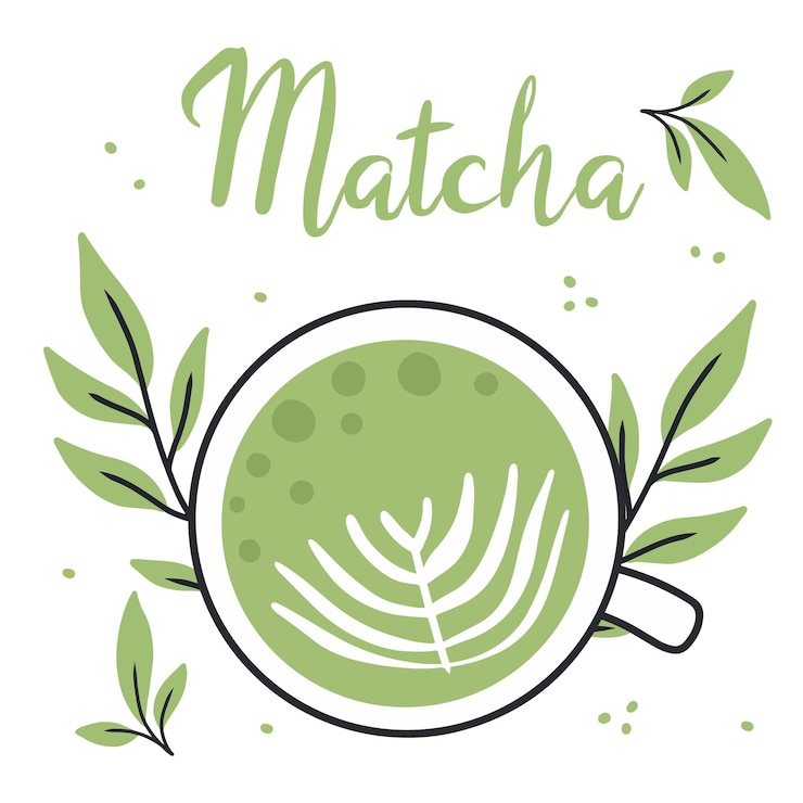 Vector matcha tea mug with matcha and green tea leaves vector illustration natural green tea