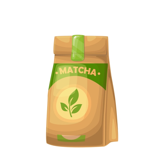 Matcha tea powder in kraft paper packaging with tea leaf   illustration