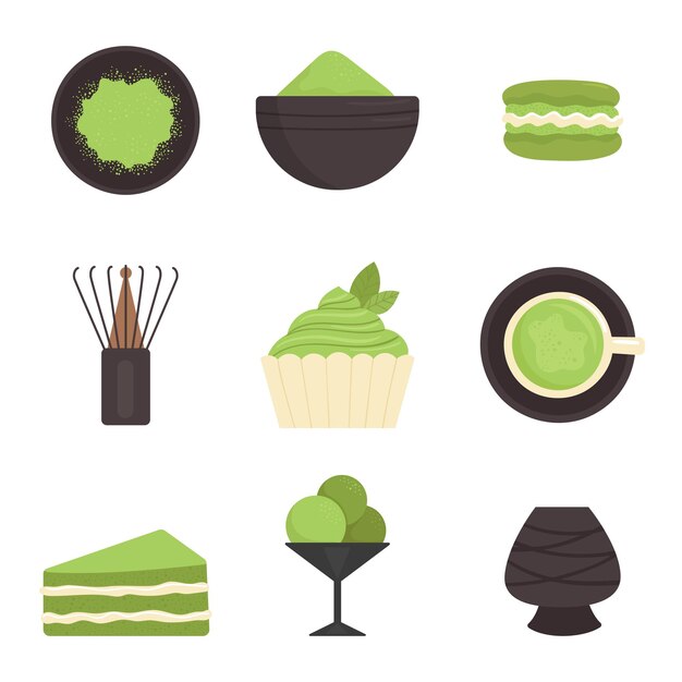 Vettore tè matcha, set di elementi. cerimonia del tè tradizionale giapponese. tè verde, cibo sano, dessert, tazze, teiere. illustrazione in stile piatto