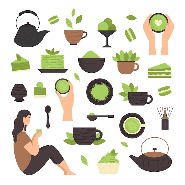 Tè matcha, insieme di elementi. cerimonia del tè tradizionale giapponese. tè verde, cibo sano, dolci, tazze, teiere. illustrazione in stile piatto