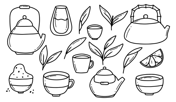 Matcha tea Vector set of organic matcha tea powder tea leaves teapot traditional cup Tea ceremony Healthy drink Doodle style