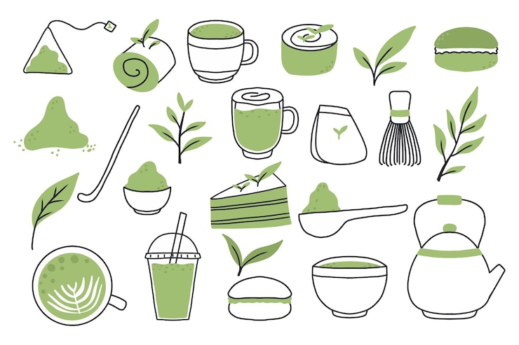 Matcha tea Vector set of organic tea matcha powder tea leaves teapot macarons spoon traditional cup whisk tools for Japanese ceremony Matcha green tea ceremony Doodle style