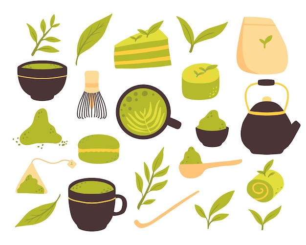 Vettore tè matcha set vettoriale di tè biologico matcha in polvere foglie di tè teiera tazza tradizionale