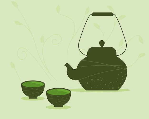 Vector matcha teapot and cups