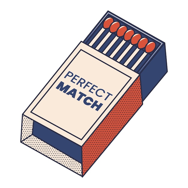 Matchbox in trendy retro style. Dot texture. 70s, 80s, 90s style. Red and blue colors.