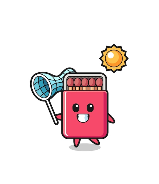 Matches box mascotte illustratie is het vangen van vlinder, schattig ontwerp