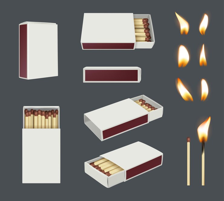Vector matches flame from wooden stick different points view of containers for matches decent vector realistic templates of ignite fire stick burn illustration