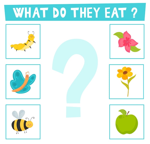 Matching children educational game What do they eat Activity for pre shool years kids and toddlers Animals and food Caterpillar butterfly bee flower apple