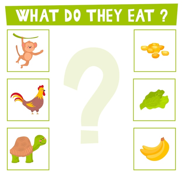 Matching children educational game What do they eat Activity for pre shool years kids and toddlers Animals and food Monkey rooster turtle grain lettuce banana