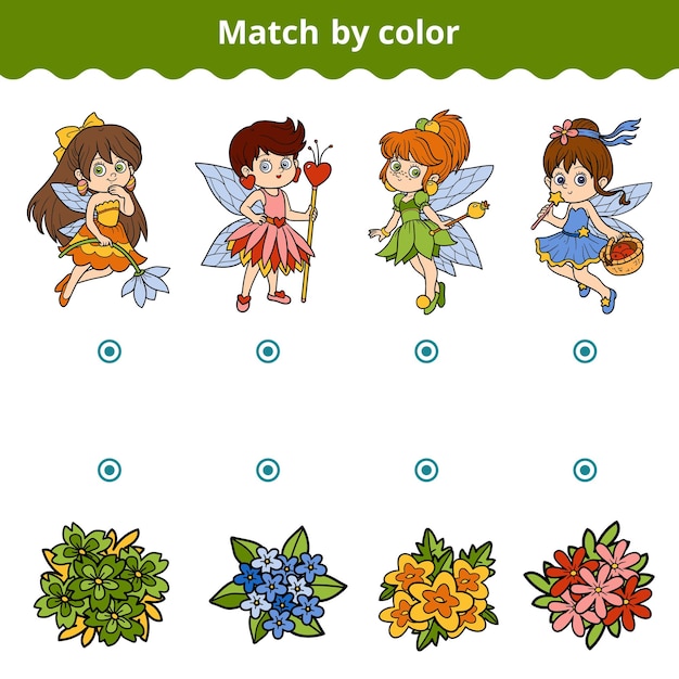 Vector matching educatief spel voor kinderen match door kleur feeën en bloemen kleur cartoon collectie