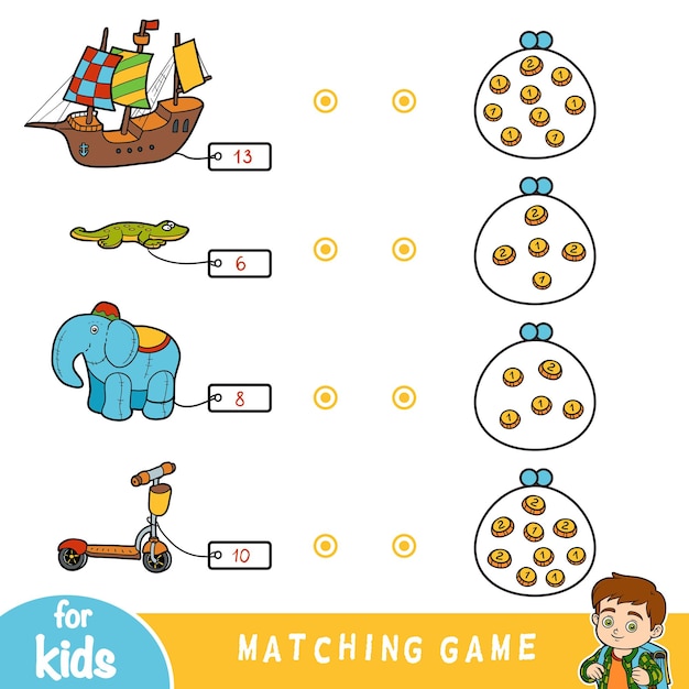 Vector matching education game for children count the coins and choose a toy by the price set of toys