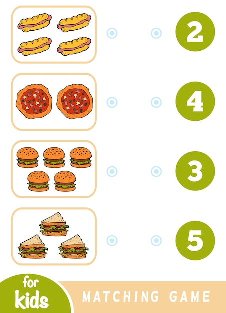 Matching education game for children Count how many items and choose correct number Fast food set