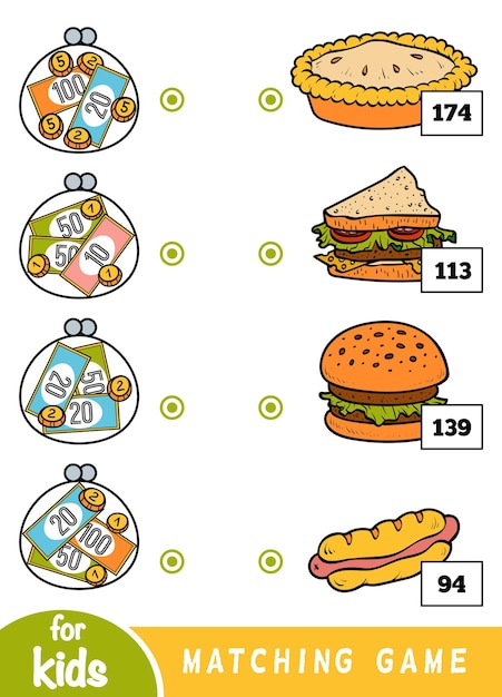 Vector matching education game for children count how many money is in each wallet a set of different food