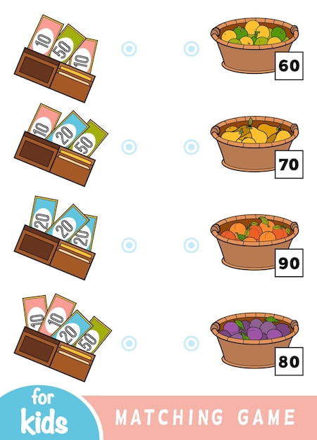 Vector matching education game for kids count how many money is in wallet and choose price a set of fruits