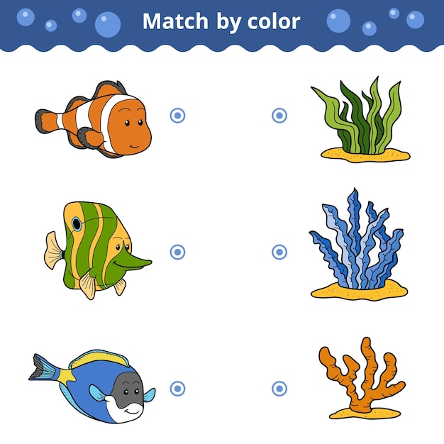 Вектор Соответствующая образовательная игра для детей соответствие по цвету рыбы милые мультфильмы морских животных