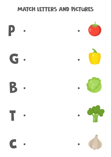 아이들을위한 매칭 게임. 시작하는 그림과 문자를 연결하십시오. 어린이를위한 교육 알파벳 워크 시트. 만화 야채.