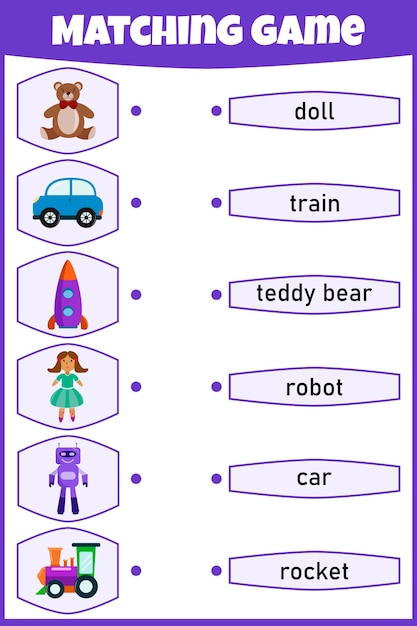 Gioco di abbinamento per bambini. collega immagine e parole. foglio di lavoro educativo per bambini.