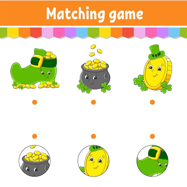 Matching game for kids Education developing worksheet Draw a line Activity page cartoon character St Patrick's day