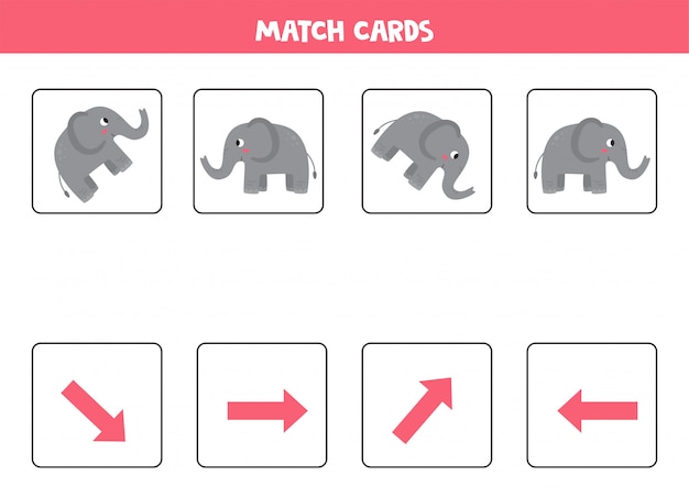 Matching game for kids. match orientation and gray elephant.