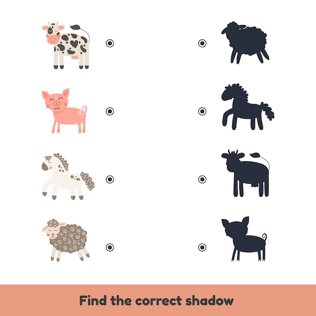 Premium Vector | Matching game for kids preschool and kindergarten age.  find the correct shadow. cute farm animals.
