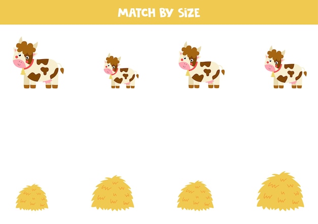 Matching game for preschool kids. match cows and hay stacks by size.