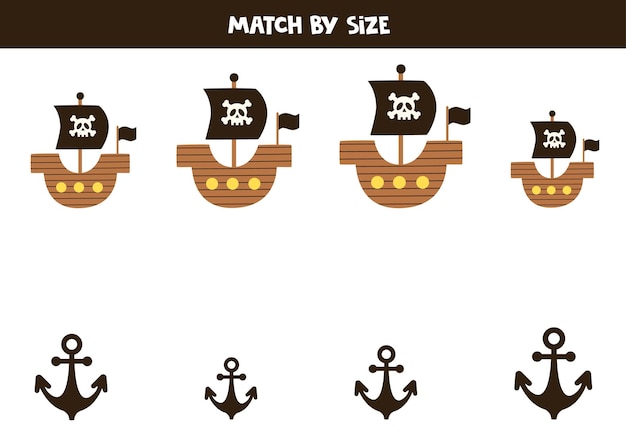 Matching game for preschool kids Match pirate ships and anchors by size