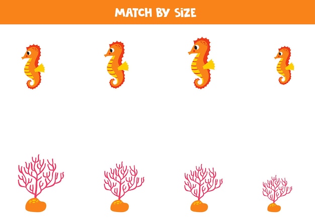 Matching game for preschool kids match seahorses and corals by size