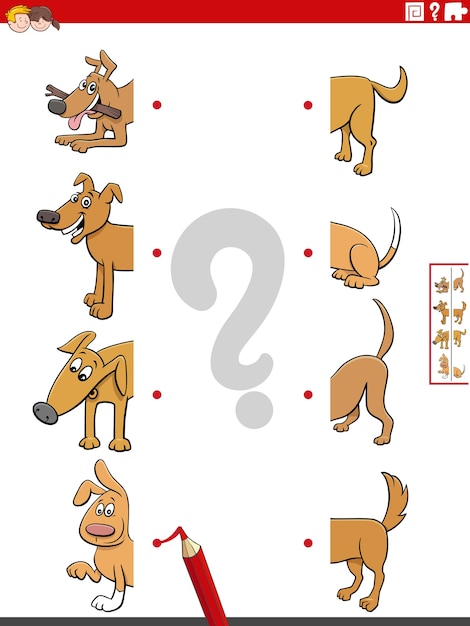 matching halves of cartoon pictures with dogs educational game