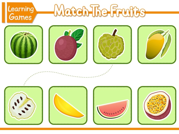 Соответствие частей фруктов Соответствие детской образовательной игровой деятельности для детей дошкольного возраста и векторной иллюстрации малышей