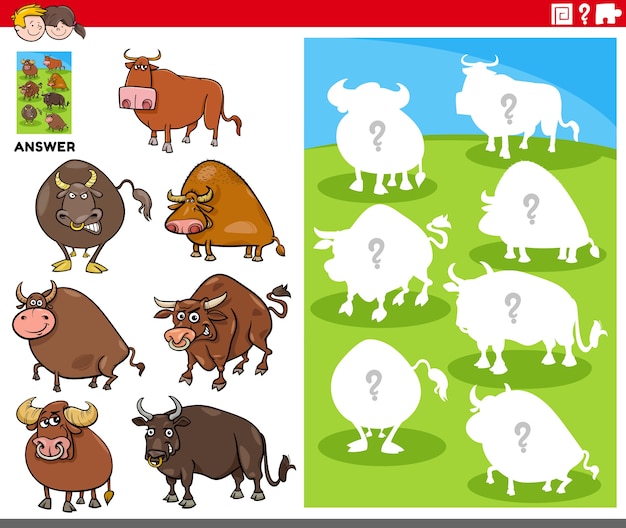 Matching shapes game with cartoon bull characters