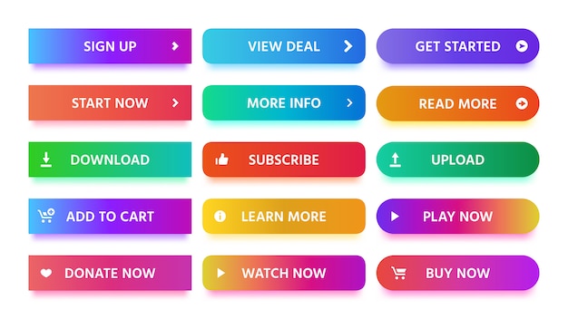Материал кнопки. современные красочные градиенты, яркие цветные кнопки с изолированными набор иконок
