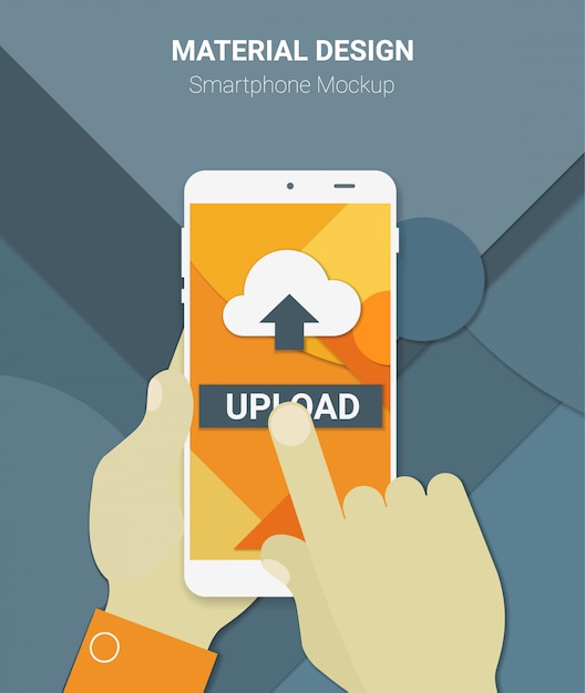material design hands holding mobile device with uploading app, on trendy material background