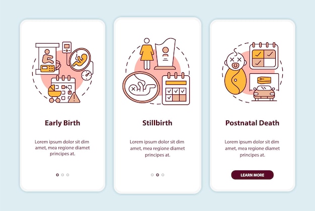 Maternity leave entitlement cases onboarding mobile app page screen. labor risks walkthrough 3 steps graphic instructions with concepts. ui, ux, gui vector template with linear color illustrations