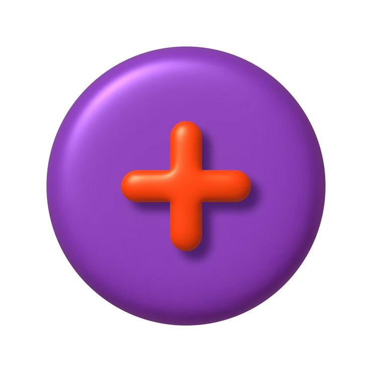 Vector math 3d icon orange arithmetic plus sign on purple round button 3d realistic design element
