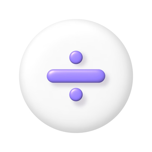 Vector math 3d icon purple arithmetic division sign on white round button 3d realistic design element