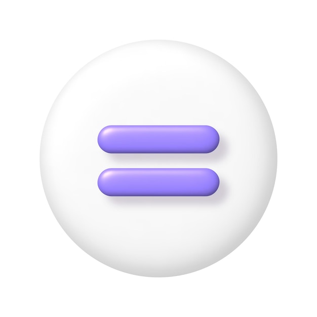 Math 3d icon purple arithmetic equals sign on white round button 3d realistic design element