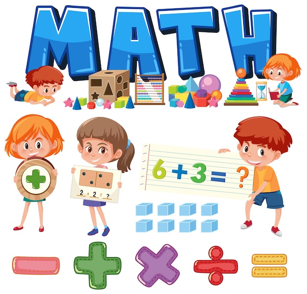 Vector math classroom objects with supplies and students