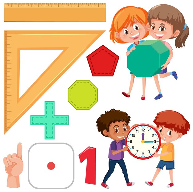 Vector math classroom objects with supplies and students