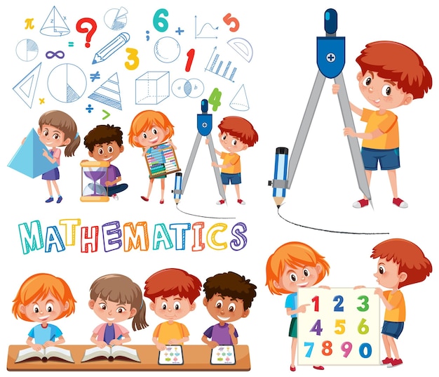 Vector math classroom objects with supplies and students