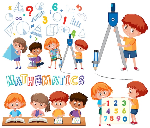 Oggetti in aula di matematica con forniture e studenti