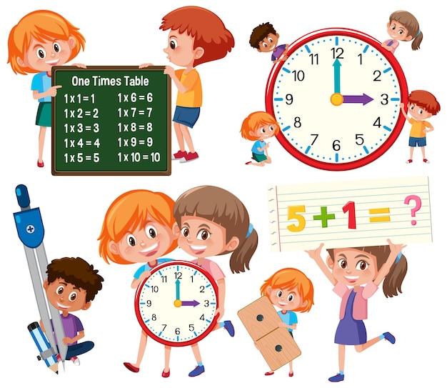 Oggetti in aula di matematica con forniture e studenti