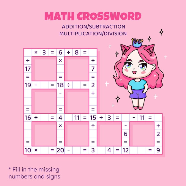 Math Crossword puzzle for children Addition subtraction multiplication and division