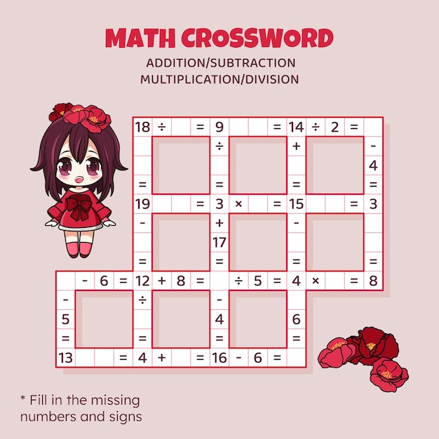 Math Crossword puzzle for children Addition subtraction multiplication and division