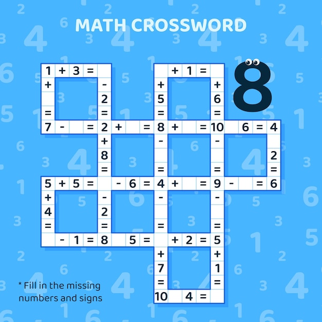 Math Crossword puzzle for kids. Addition and subtraction. Counting up to 10. Vector illustration