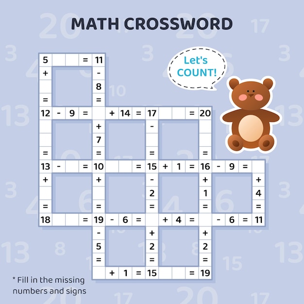 Math Crossword puzzle for kids Addition and subtraction Counting up to 20 Game for children