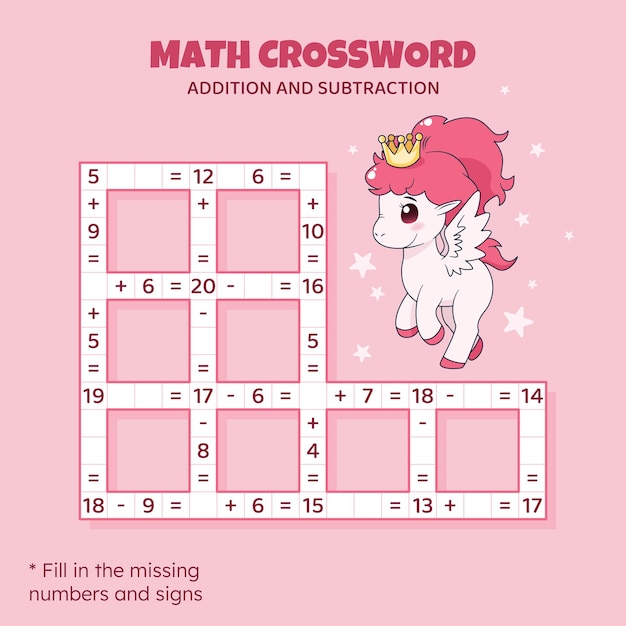 Math crossword puzzle for kids addition and subtraction counting up to 20 game for children