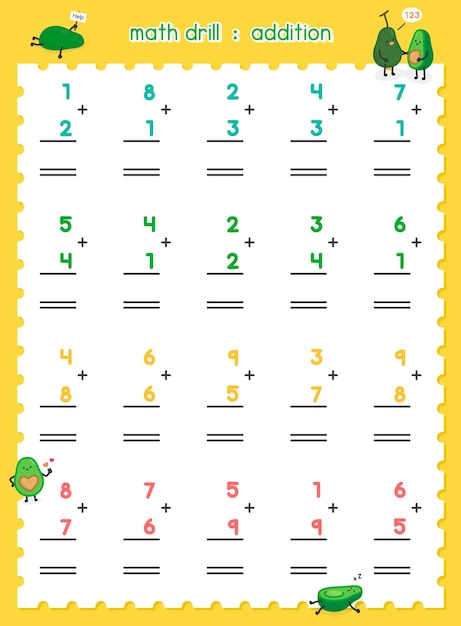 Vector math drill minus the numbers in maths subject exercises sheet kawaii doodle vector cartoon